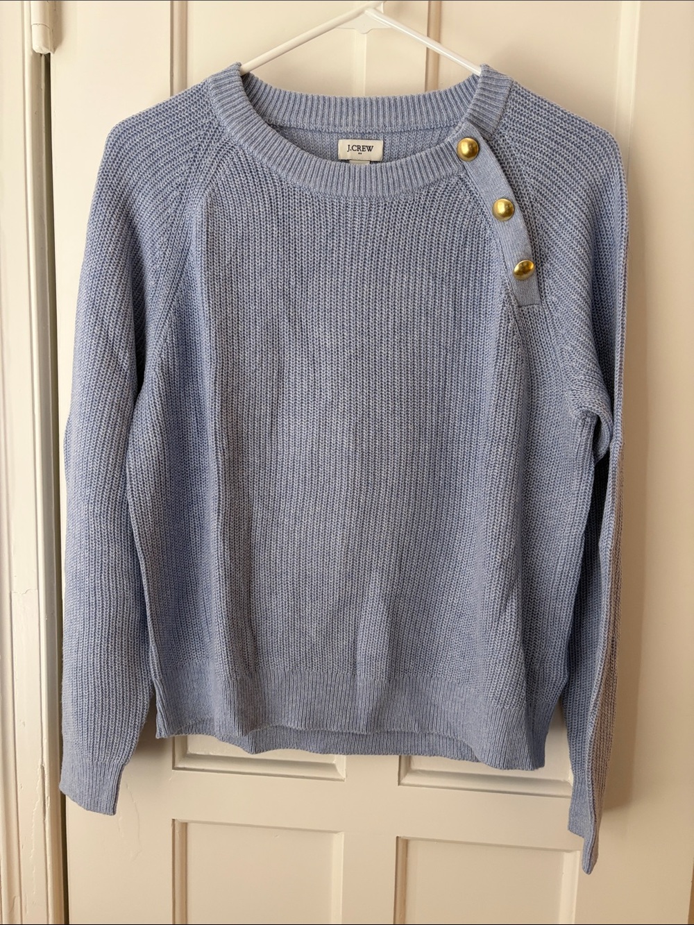 J. Crew Light Blue Crewneck Sweater with Gold Shoulder Buttons
